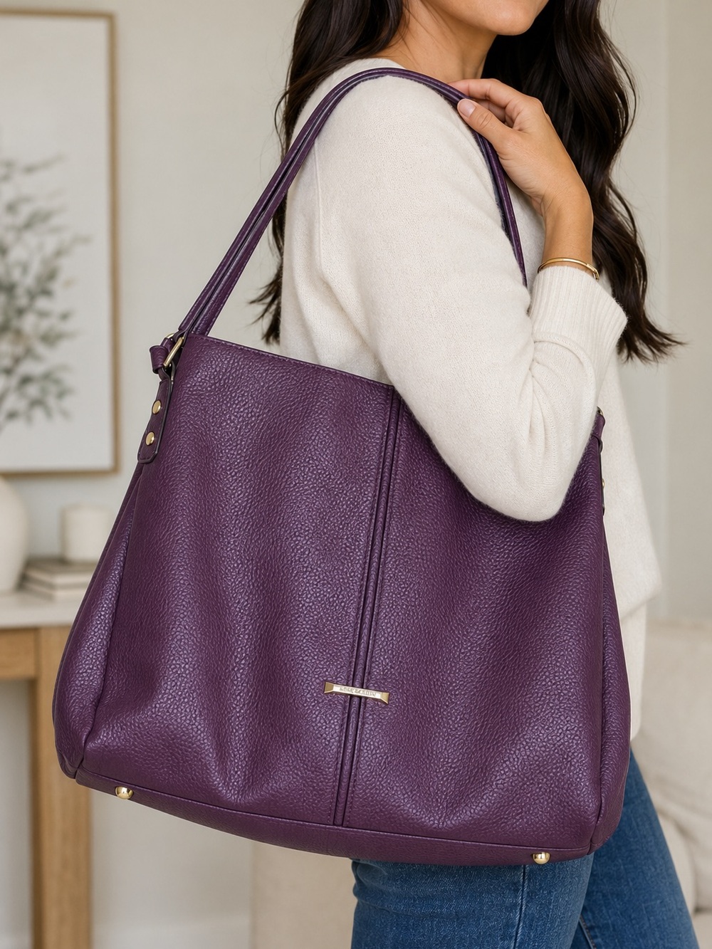Anne Klein Purple Pebbled Tote Bag Large Shoulder Purse Carryall Handbag